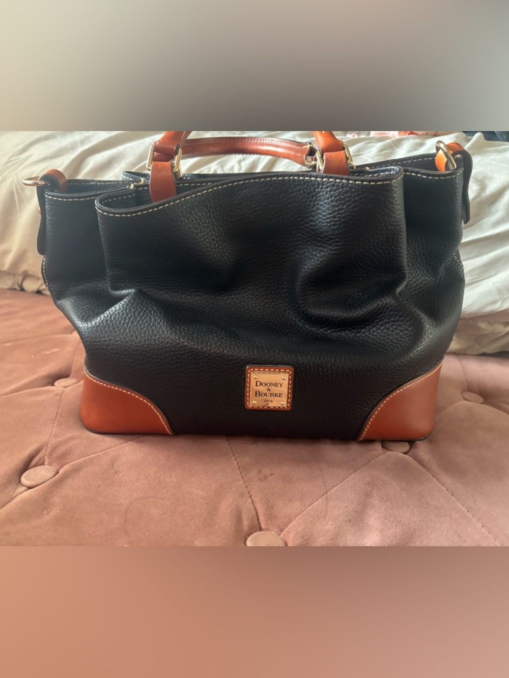 Dooney & Bourke Black with Brown Trim Pebbled Leather Satchel